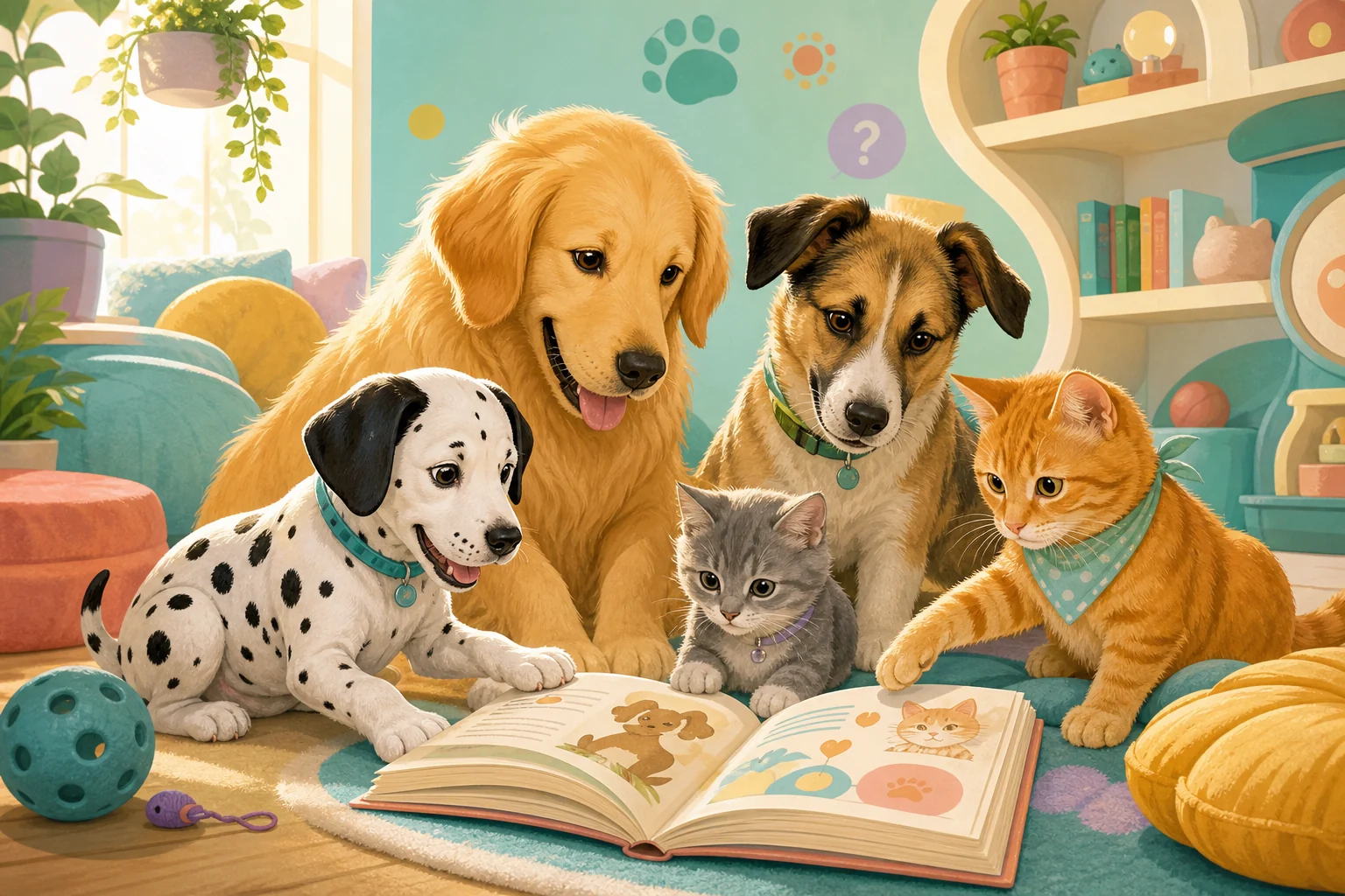 PawQi dogs and cats gathered around a book